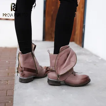 

Prova Perfetto Hand-made Genuine Leather Women's Ankle Boots Do Old Mixed Colors Mature Rivet Buckle Strap Zipper-Sid Lady Boots