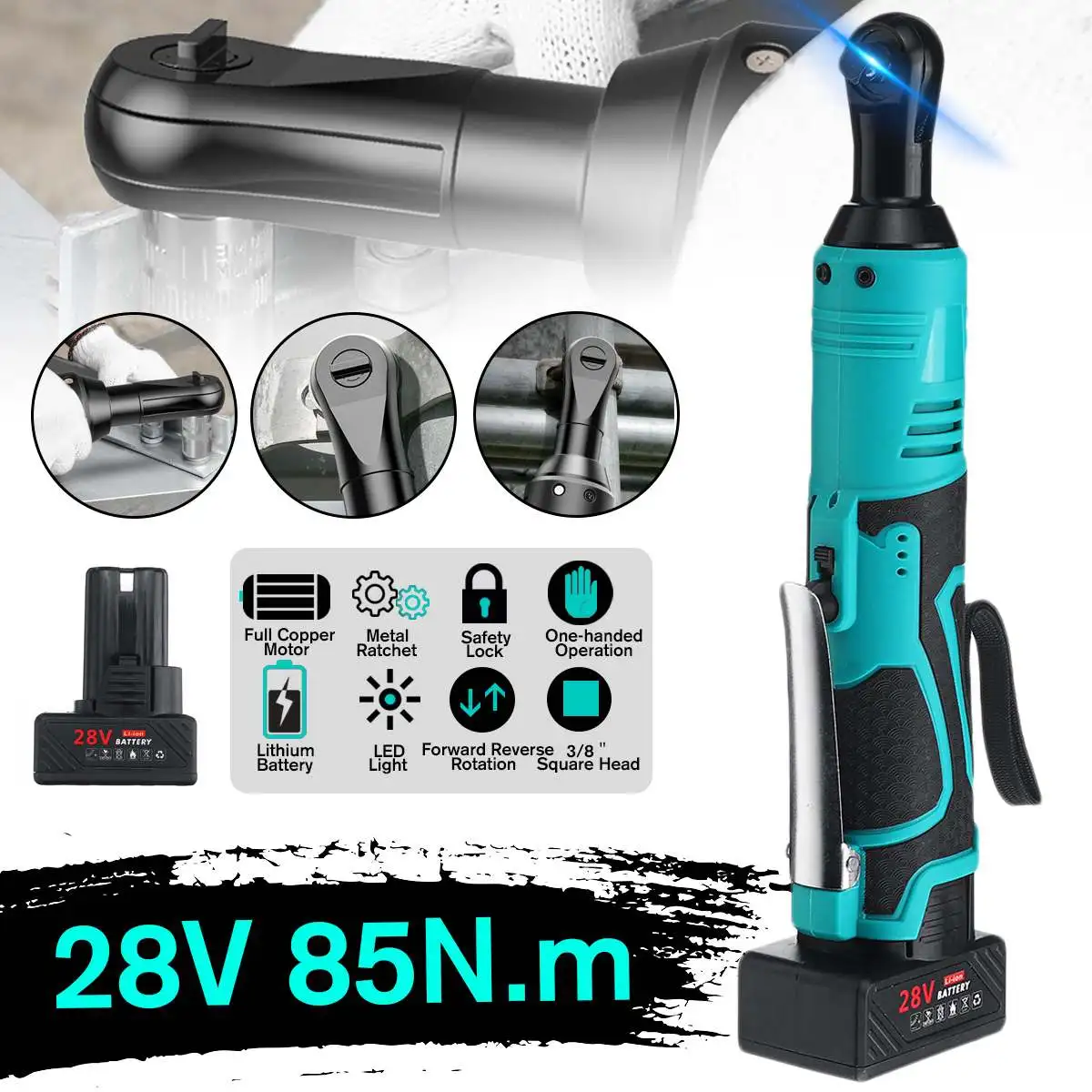 

28V 85N.m Max Electric Wrench 3/8inch Cordless Rechargeable Right Angle Ratchet with Li-Ion Battery LED Light Portable Wrench