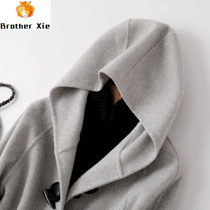 

100% Gray wool horn button double sided cashmere coat women's long Korean double sided woolen coat in autumn and winter 2020