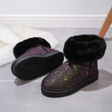 Блестящие кожаные ботинки; женские модные удобные ботинки с искусственным мехом; женские теплые плюшевые зимние ботинки