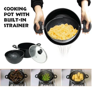 

New 2-in-1 Cooking Pot with Swivel Strainer Not Sticky Practical Cooking Pot for Kitchen Drain Pasta Vegetables Cooking Pot