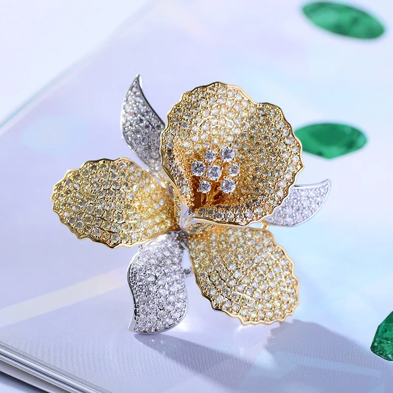 OKILY Luxurious Cubic Zirconia Orchid Flower Brooch Pin Delicate Rhinestone Floral Pins and Brooches for Women Valentine's Gift