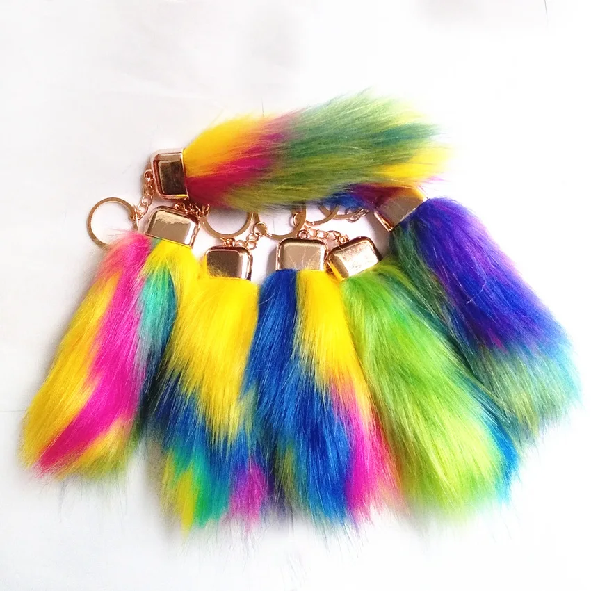 fire bao kuan Mixed Color High Imitation Hair Tail Keychain 22 Cm Suitcase Hanger Keychain Rainbow Series Wholesale