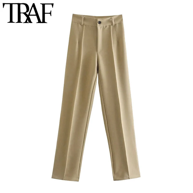 TRAF Women Chic Fashion Office Wear Straight Pants Vintage High Waist Zipper Fly Female Trousers Mujer
