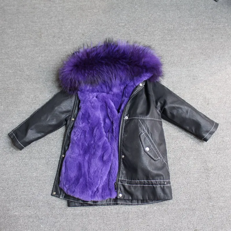 black purple fur Новинка года, настоящий мех кролика, парка для маленьких мальчиков зимнее пальто одежда для малышей зимняя куртка парки для девочек с капюшоном из енота - Цвет: black purple fur