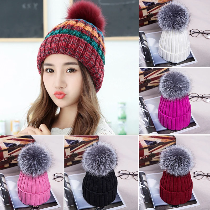 

Fur Pompom Beanie Hat for Women Winter Skullies Warm Cap Gorros Female Cap Solid Color High Quality Bonnet Cap Knitted Hat