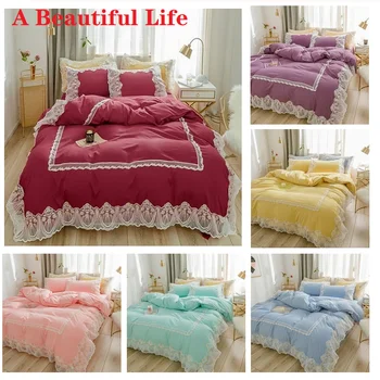 

Wine Red Pink Purple Blue Princess Girl Bedding Set White Lace Edge Washed Cotton Duvet Cover Bed Linen Fitted Sheet Pillowcases