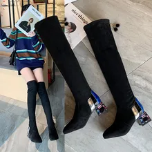 Zima nad buty do kolan kobiety rozciągliwa tkanina zakolanówki Sexy kobieta buty długie Bota Feminina zapatos de mujer