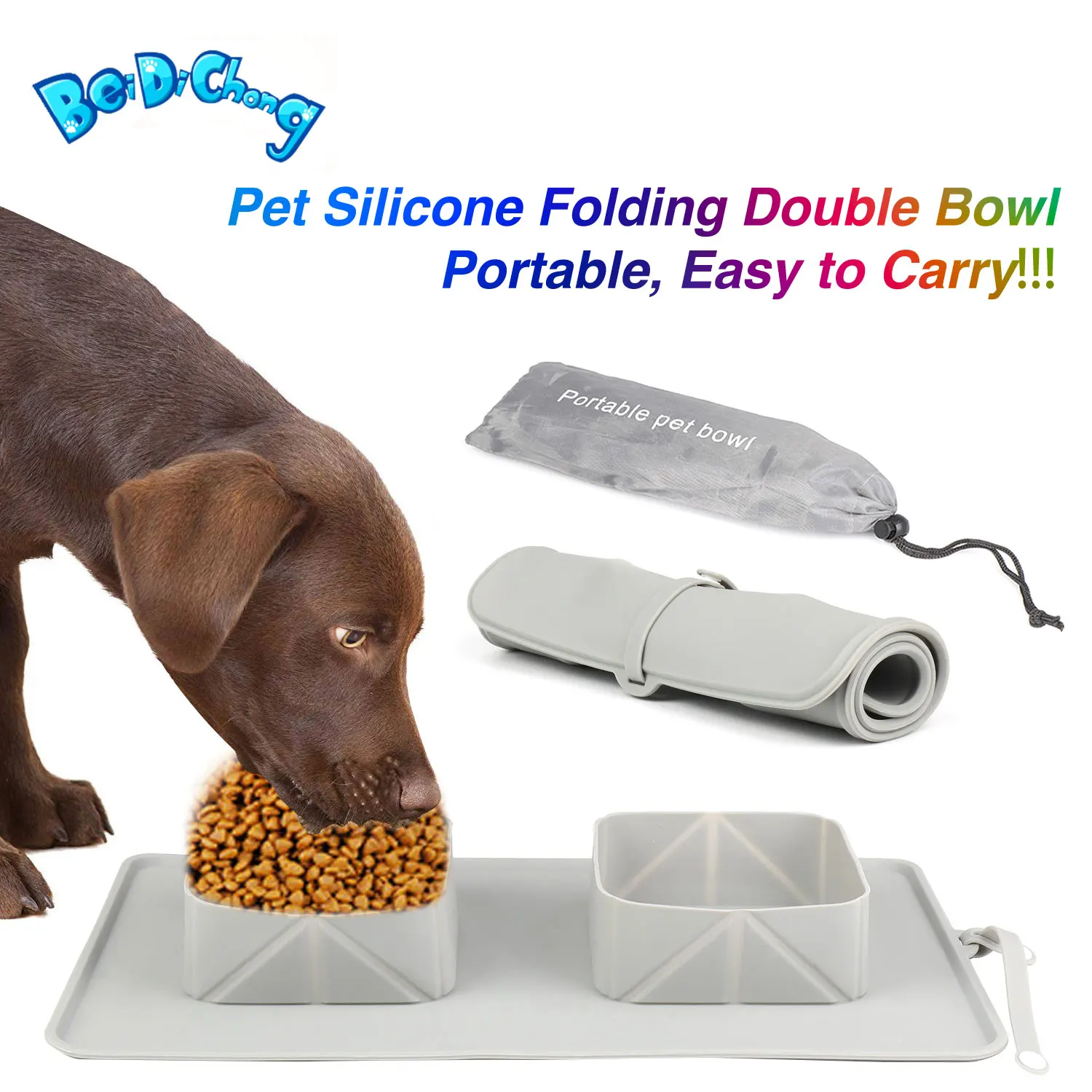 

BEI DI CHONG Pet Feeding Carpet Foldable Double Bowl Portable Dog Cat Drink Water Food Mat Travel Cat Dog Feeding Double Bowl