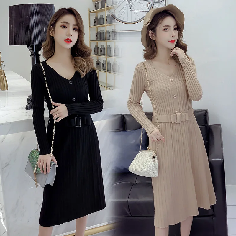 

Long Dress Sweater Spring Clothing New Style V-neck Knitted Dress Waist Hugging Slimming Autumn And Winter Base Dress