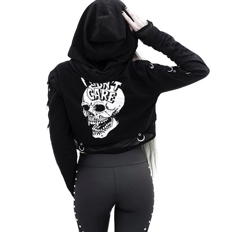 Готические толстовки Goth Dark в винтажном стиле с черным принтом Harajuku в стиле панк Grunge осень женские свитшоты с сеткой в стиле пэчворк Обрезанные