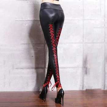 

Women Lace Up Slim Wet Look Leggings Elastic High Waist Faux Leather Party Pants