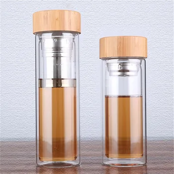 

350&450ml Simple Tea Bottle Glass Bottle Water Bottle Filter Borosilicate Double Wall Beverage Bamboo Cover Travel Beverage