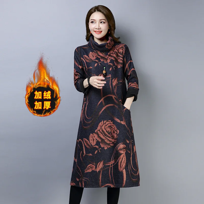 

Vintage Printed Brushed And Thick Woolen Long Skirts 2019 Autumn And Winter New Style Loose And Plus-sized Dress High Collar Bas