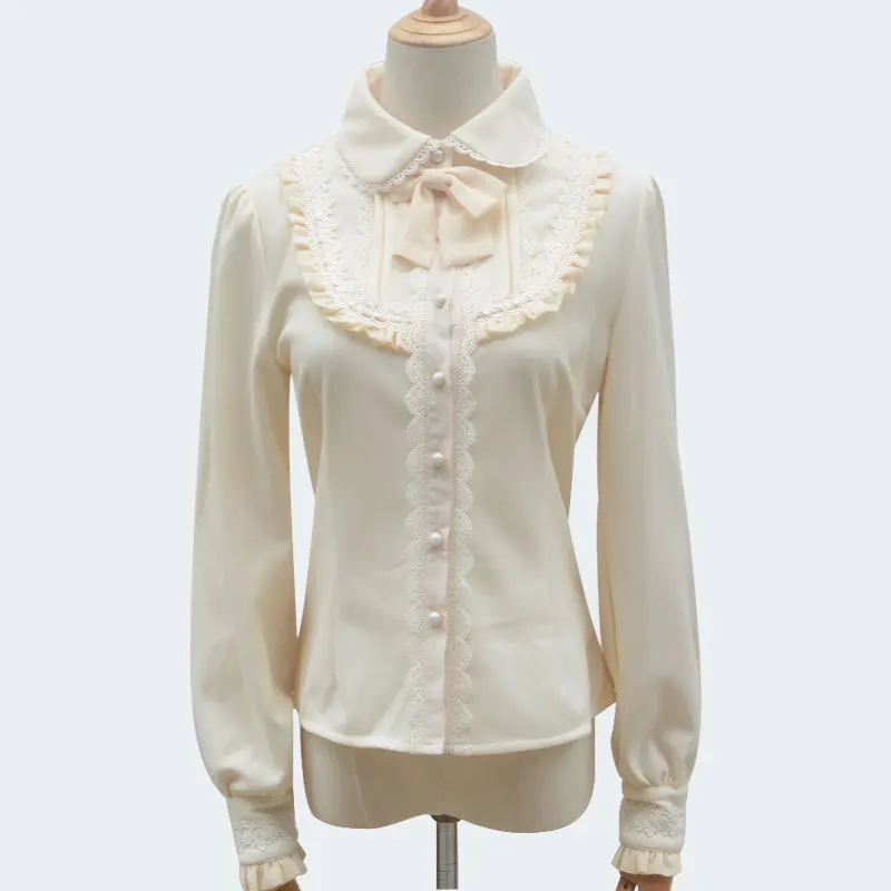 Winter Warm Fleece Blouse Long Sleeves Lolita Shirt Women Elegant Tops Lace Bow Tie Ruffle Neck For Girls | Женская одежда