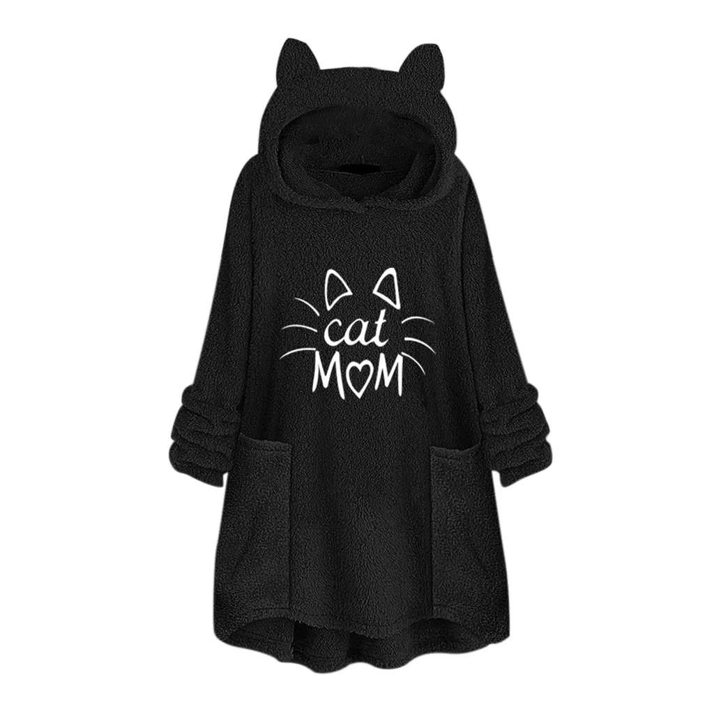  Harajuku Hoodie Sweatshirt Womens Fleece Embroidery Cat Ear Cat Mom Printed Blouse Top Warm Oversiz