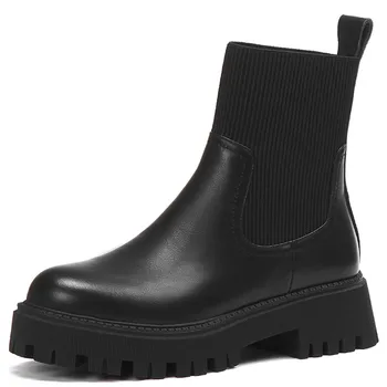 

Women's genuine leather Stretch knit patchwork slip-on platform flats autumn ankle boots casual punk winter warm plush shoes hot