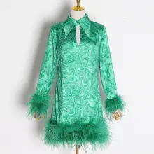 Красный RoosaRosee Подиум дизайнер Весна для женщин перо лоскутное печати зеленое платье с лацканами длинным рукавом модные мини платья для женщин