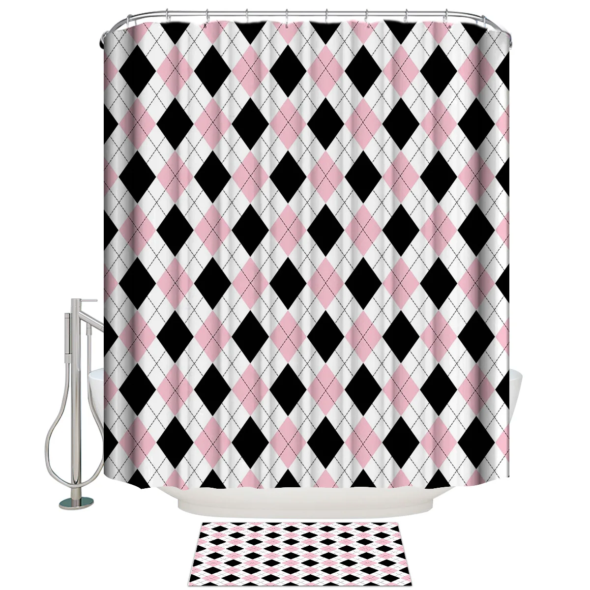 

Modern Ethnic Geometic Lattice Shower Curtain Suit Non-Slip Floor Doormat Bath Rugs