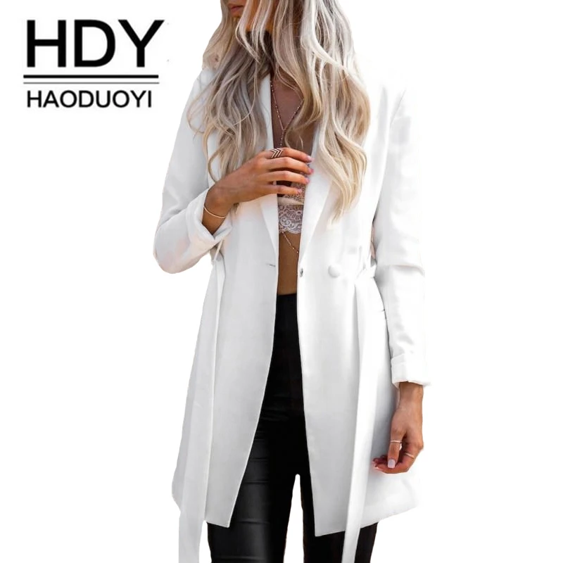 Haoduoyi New Women Button Front Blazer Long Belted Jacket Slim Fit Blazer Jackets Notched Office Work Outwear for Ladies