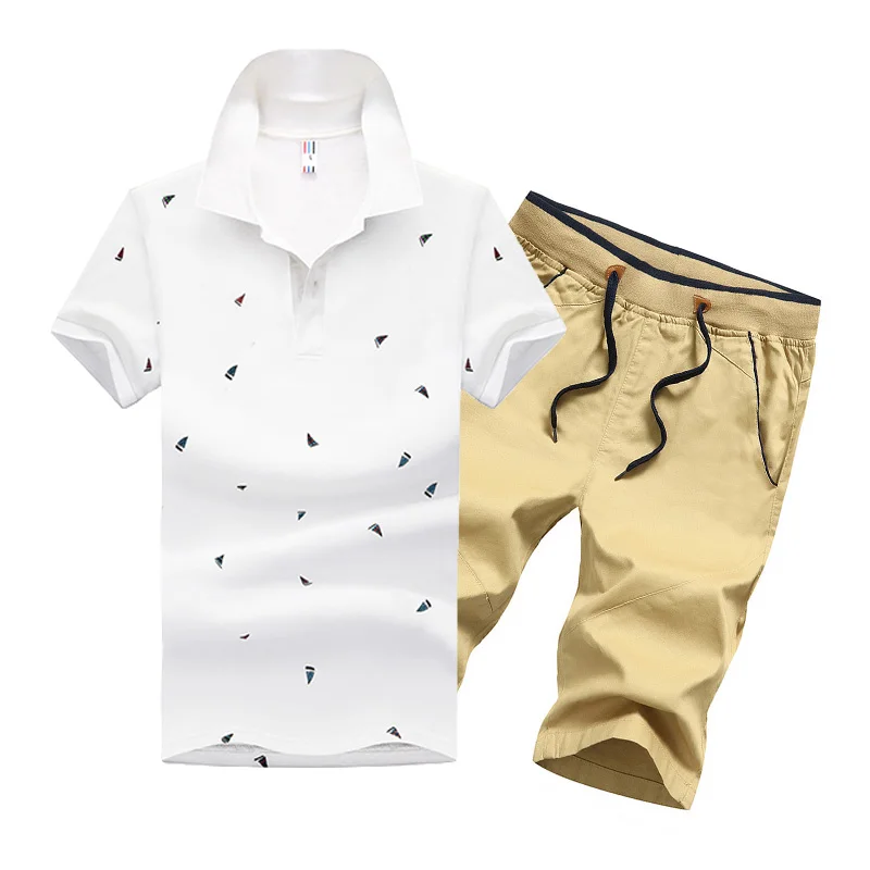 Летняя мужская рубашка поло с коротким рукавом, поло в горошек+ шорты, мужской костюм из Джерси, дышащий комплект из 2 предметов, топ и шорты, спортивные костюмы для мужчин - Цвет: White Khaki FK082
