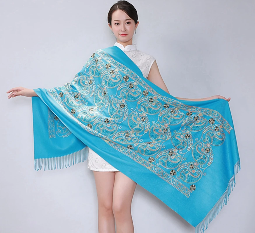 Новое поступление, женский шарф с цветочной вышивкой, обёрточная бумага, китайский этический стиль, уплотненный большой дорожный шарф, шаль, теплый и мягкий - Цвет: lakeblue