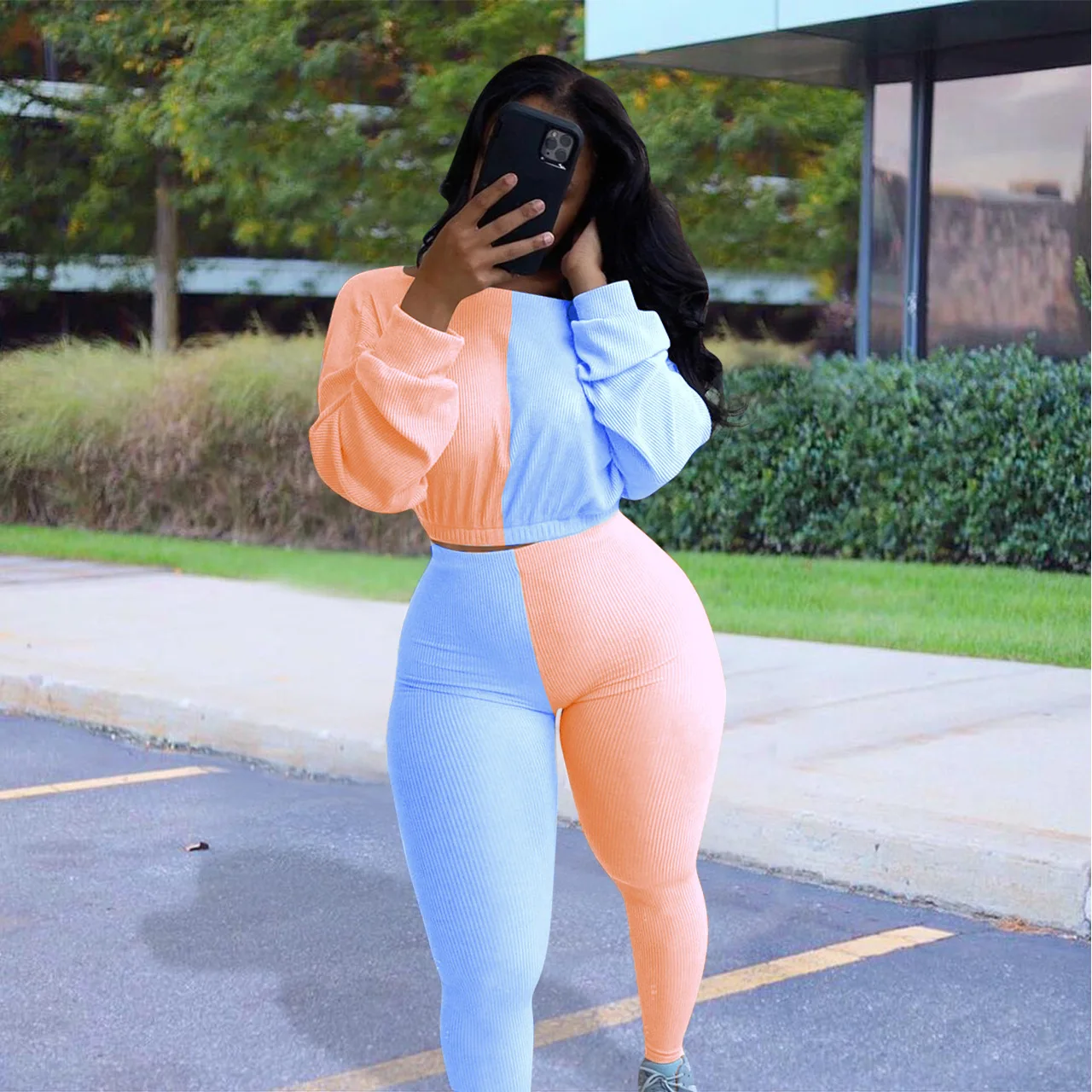 

Autumn Two Piece Set Women Ribbed Patchwork Long Sleeve Casual Suit High Waist Pant Set Outfit Tracksuit chandal mujer