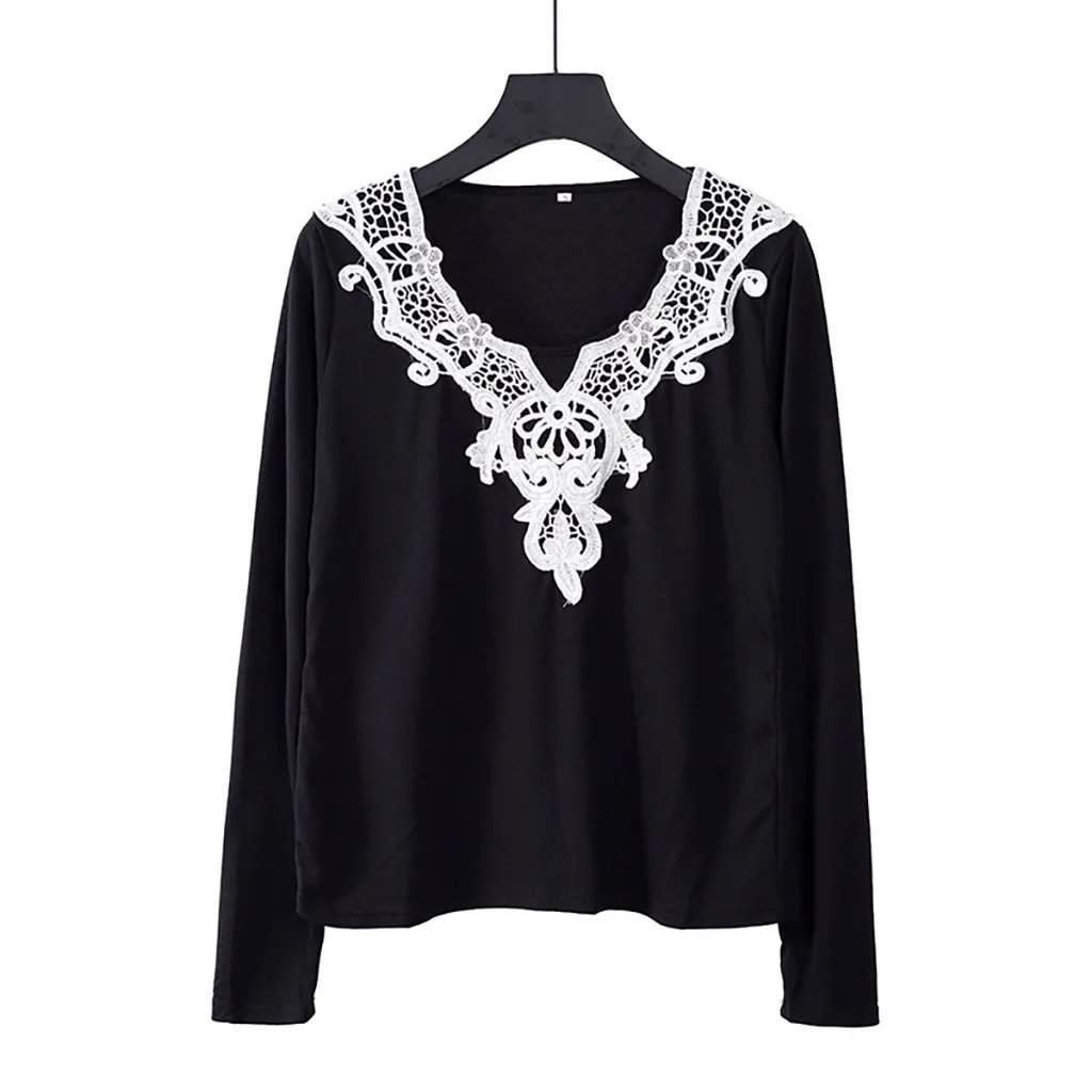 Ladies Autumn Solid Color Long Sleeve Lace Casual hot Blouse fashion Women's simple V-neck mesh loose daily Shirts camisas mujer | Женская