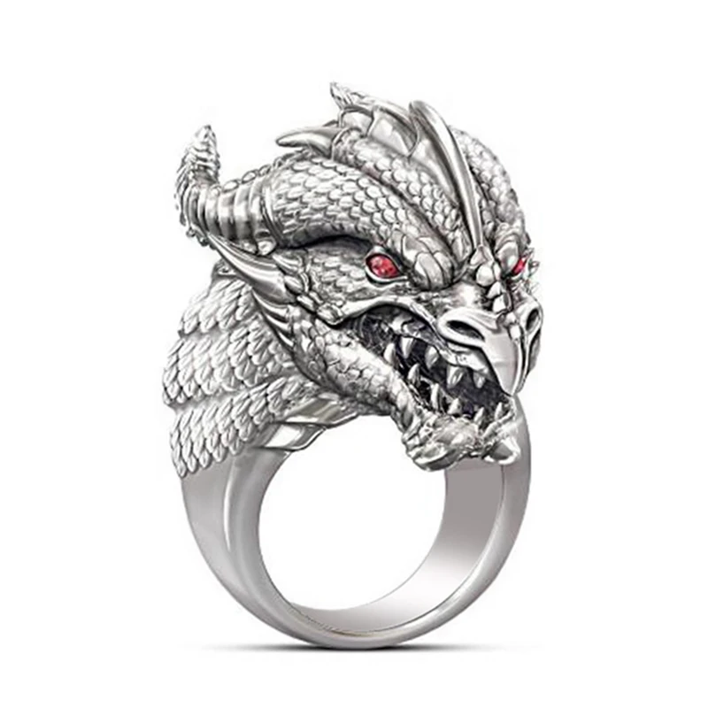 Dragon Head Ring With Red Eyes For Men Punk Style Vintage Male Ring Party Finger Ring Men Rings Animal Jewelry