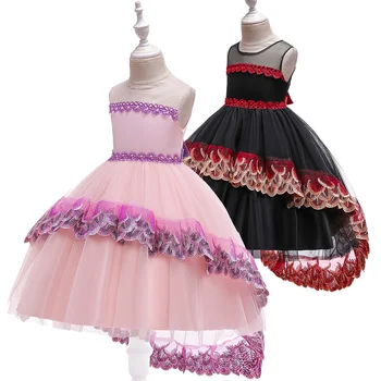 

Children Girls Wedding Party Dresses trailing embroidery lace Dresses black Pink First Communion Dresses 4 6 8 10 12 Years