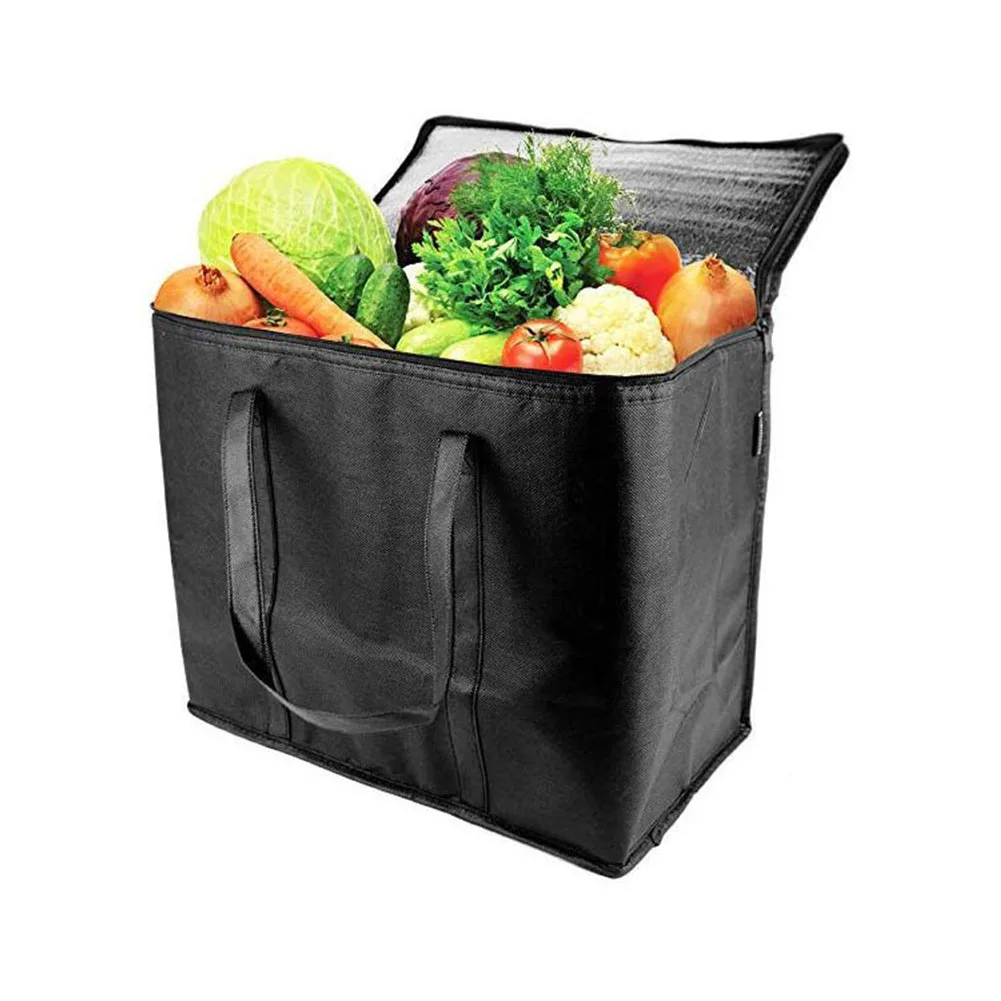 2pcs Free Standing Reinforced Bottom Large Capacity Zipper Closure Insulated Grocery Bags Washable Foldable Reusable Heavy Duty