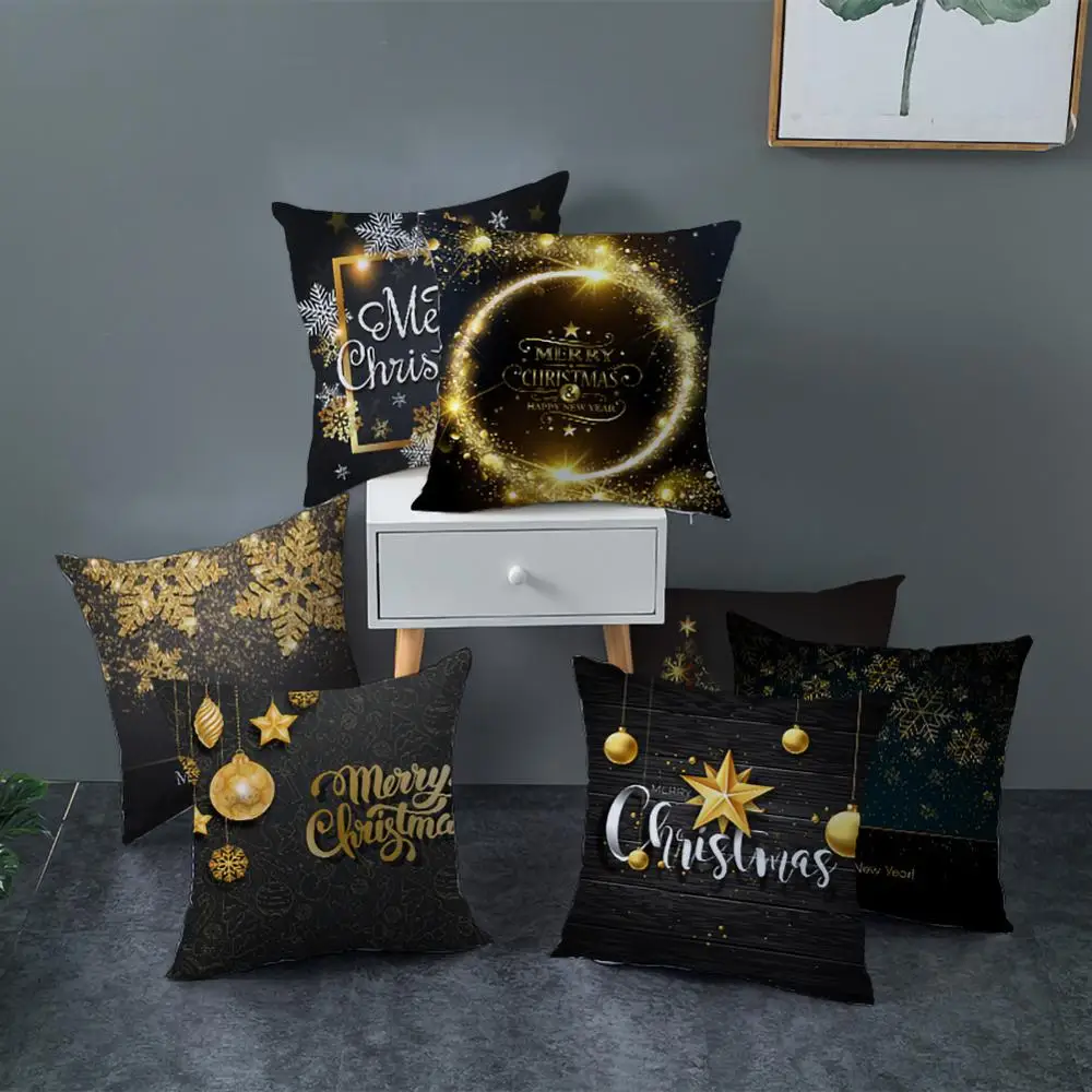 Чехол для подушки с рождественским оленем, черный и золотой блестящий чехол для подушки, домашний декор