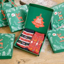 Wo пары рождественских подарочных носков перо пряжа лося женский красный мужской пары в творческой коробке