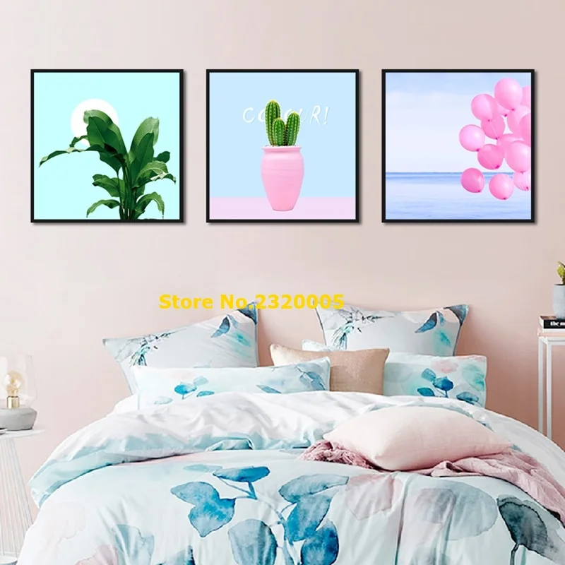

Fresh Style Living Bedroom Canvas Prints Painting Pink Balloon Green Plants Sky Blue Lovely Romantic Decorative Picture Wall Art