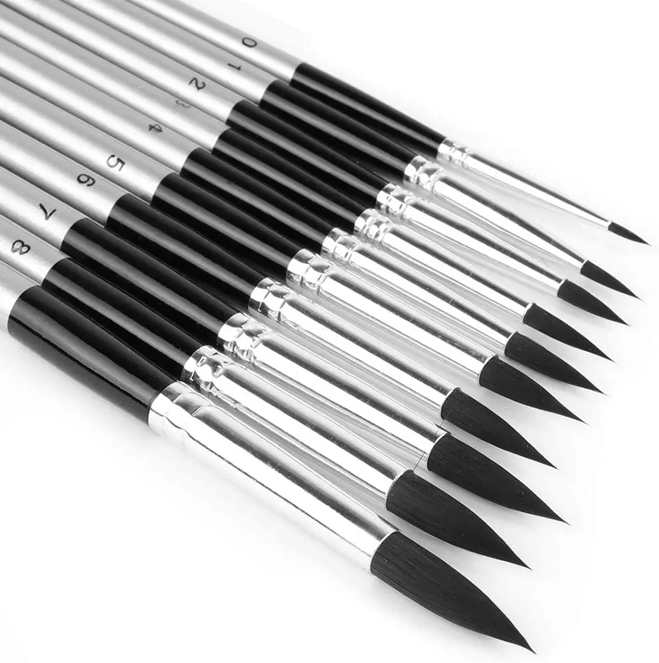 10pcs Round Paint Brush Set Pointed Tip Soft Black Hair Artist Brush
