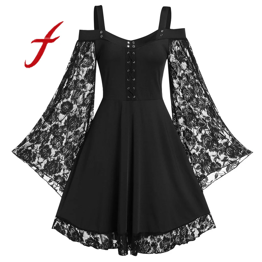 

Fashion Gothic Dress For Women 2020 Patchwork Flare Sleeve Cross Corn Cold Shoulder Lace Up Insert Sling Dress Ladies Dresses