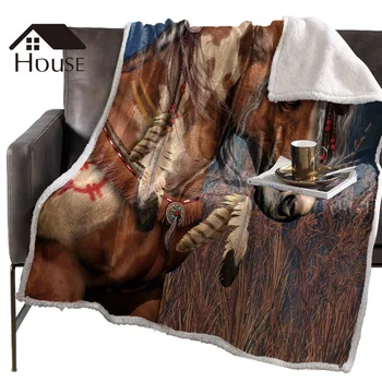 

BIGHOUSES Throw Blanket Indian Horse Oil Painting Fleece Blankets Personalized Blankets Bedclothes