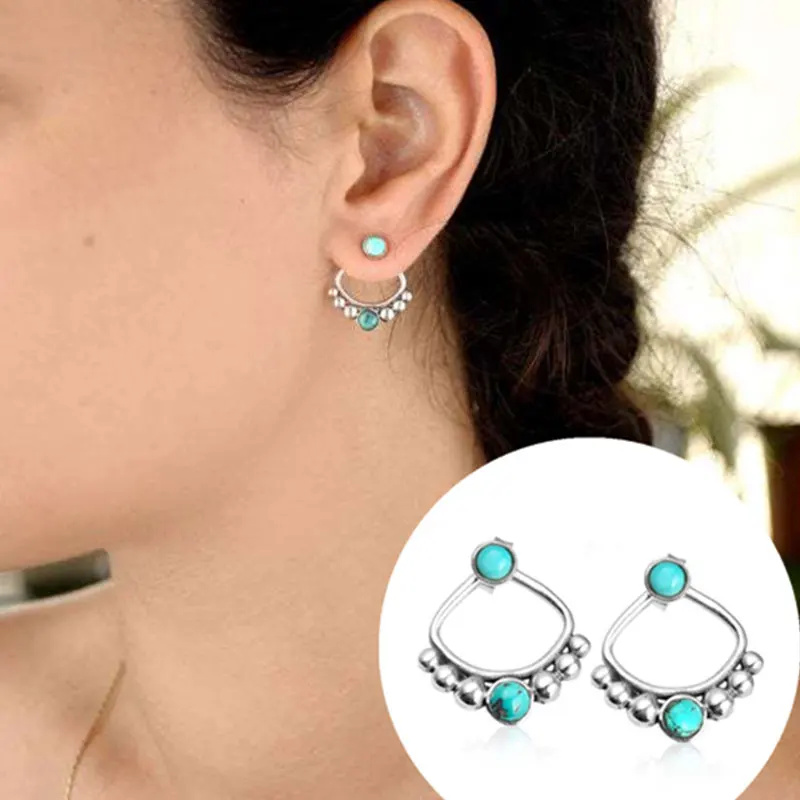 Bohemian Vintage Hollow Metal Lotus Opal Stud Earrings Antique Silver-color Woman's Detachable Handmade Jewelry stud earrings