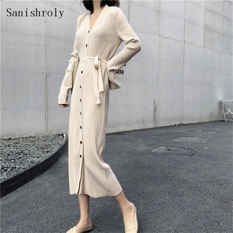 

Sanishroly Autumn Witer Women Sheath Sweater Dress Button Sashes Bow Knitted Dresses Female Sexy V-Neck Long Dress Vestidos S751