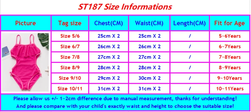 ST187 girls swimwear size chart