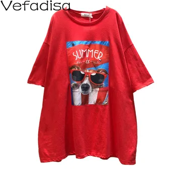 

Vefadisa Animal Dog Print Women T-shirt 2020 Summer Plus Size Short Sleeve T-shirt Loose Long T-shirt Top Black Red QYF2429