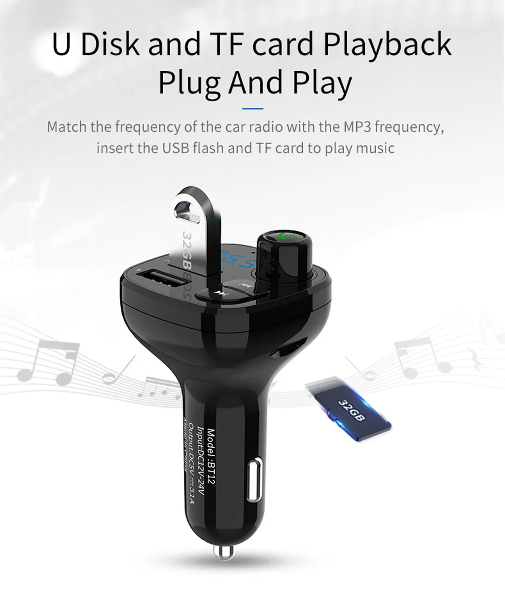 Car MP3 Player FM Transmitter Bluetooth Handsfree Car Kit Music Player FM Modulator 3.1A Dual USB Type-c Charger Support TF Card