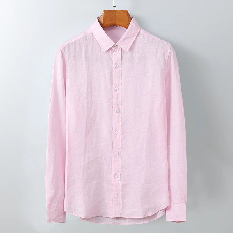 

100%Linen Long Sleeve Shirts Men Solid White Color Turn-down Collar Single Breasted Casual Shirts 2020 Man Summer Brand Clothing