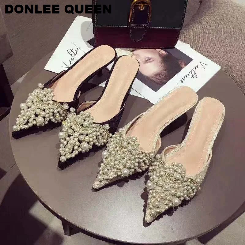 

Luxury Slippers Women Slip On Slides Ladies Brand Mules Shoes Women Dress Shoes Pointed Toe Heels Pearl Slippers For Party Shoes