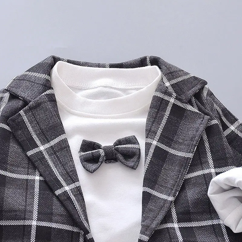 Kids Party Clothing Set Spring Autumn Bow Shirt+Plaid Coat+pants 3pcs Baby Boys Gentleman Clothes For 1-2-3-4Y