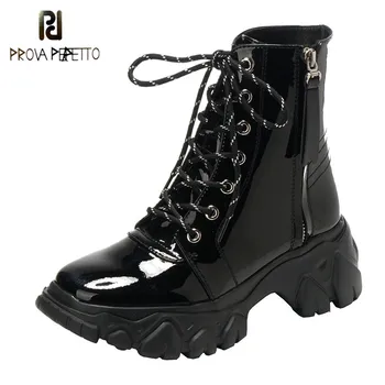 

Prova Perfetto Round Toe Genuine Leather Boots Women Black Wild Knight Locomotive Boots Woman Cross Lace-Up Zipper Bottes Femme