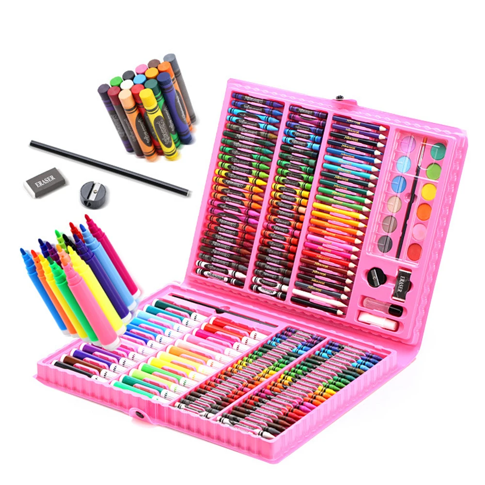 168 шт ручки подарочные офисные Детские маркеры для рисования набор канцелярских принадлежностей карандаши коробка инструменты для рисования акварельные кисти - Цвет: Розовый
