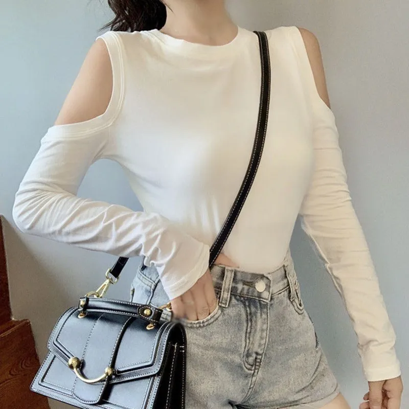 

Solid Color Long Sleeve T Shirt Women Casual Off-shoulder T Shirts Spring Autumn Korean Tops