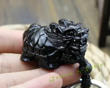 

Black Wood Three Dimensional Hand Carved Chinese Dragon Turtle Pendant Key Chain