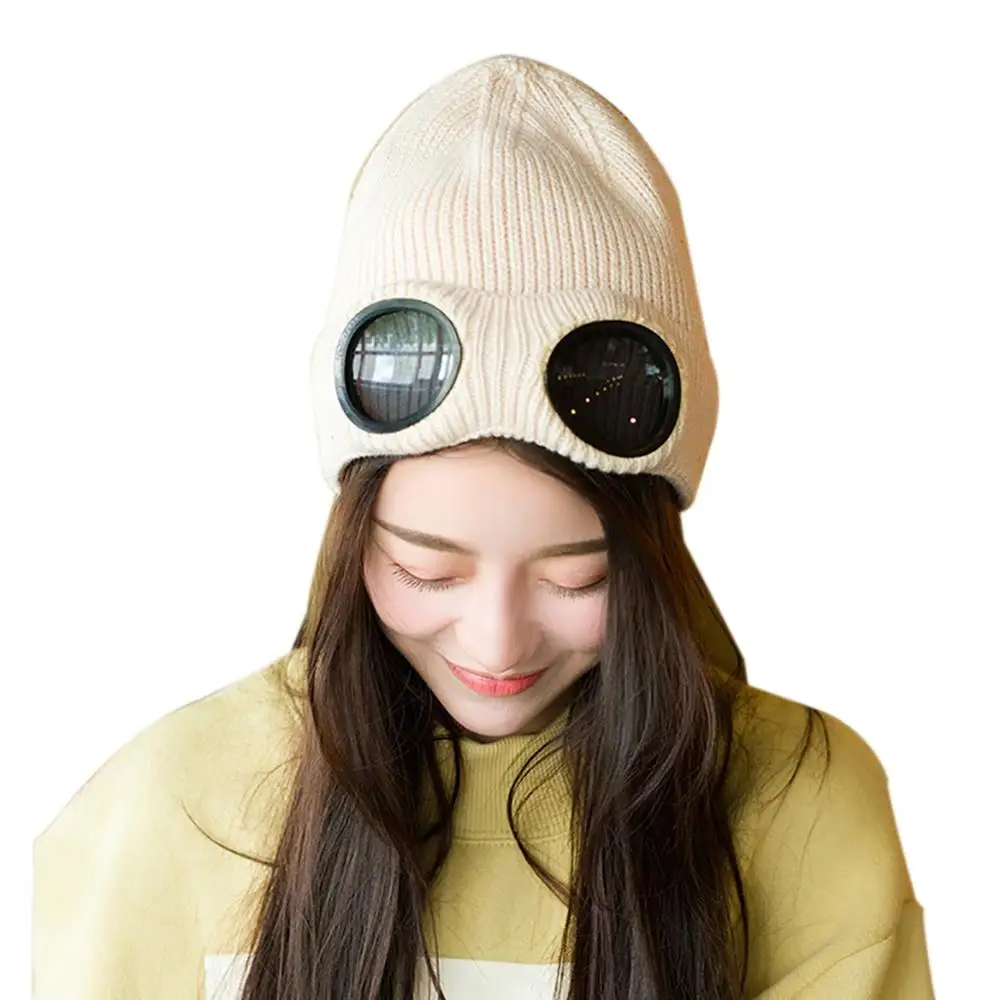 

Unisex Wool Knitted Goggles Beanie, Leisure Thermal Fluffy Warm Autumn Winter Hat Sports Cap Heat Keeper Ear Snow Cold Protector